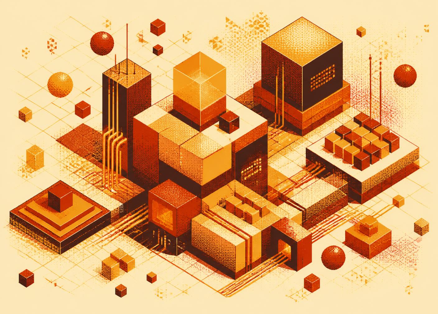 Isometric illustration of amber and rust coloured blocks forming an abstract digital infrastructure landscape
