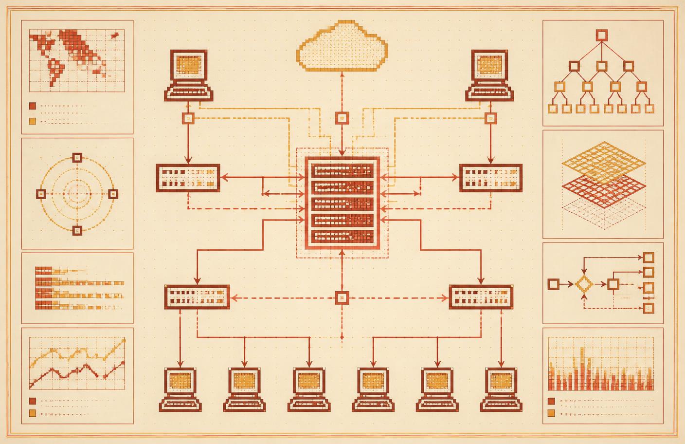 Retro technical poster showing a hand-drafted network topology and data flow schematic in rust and amber ink