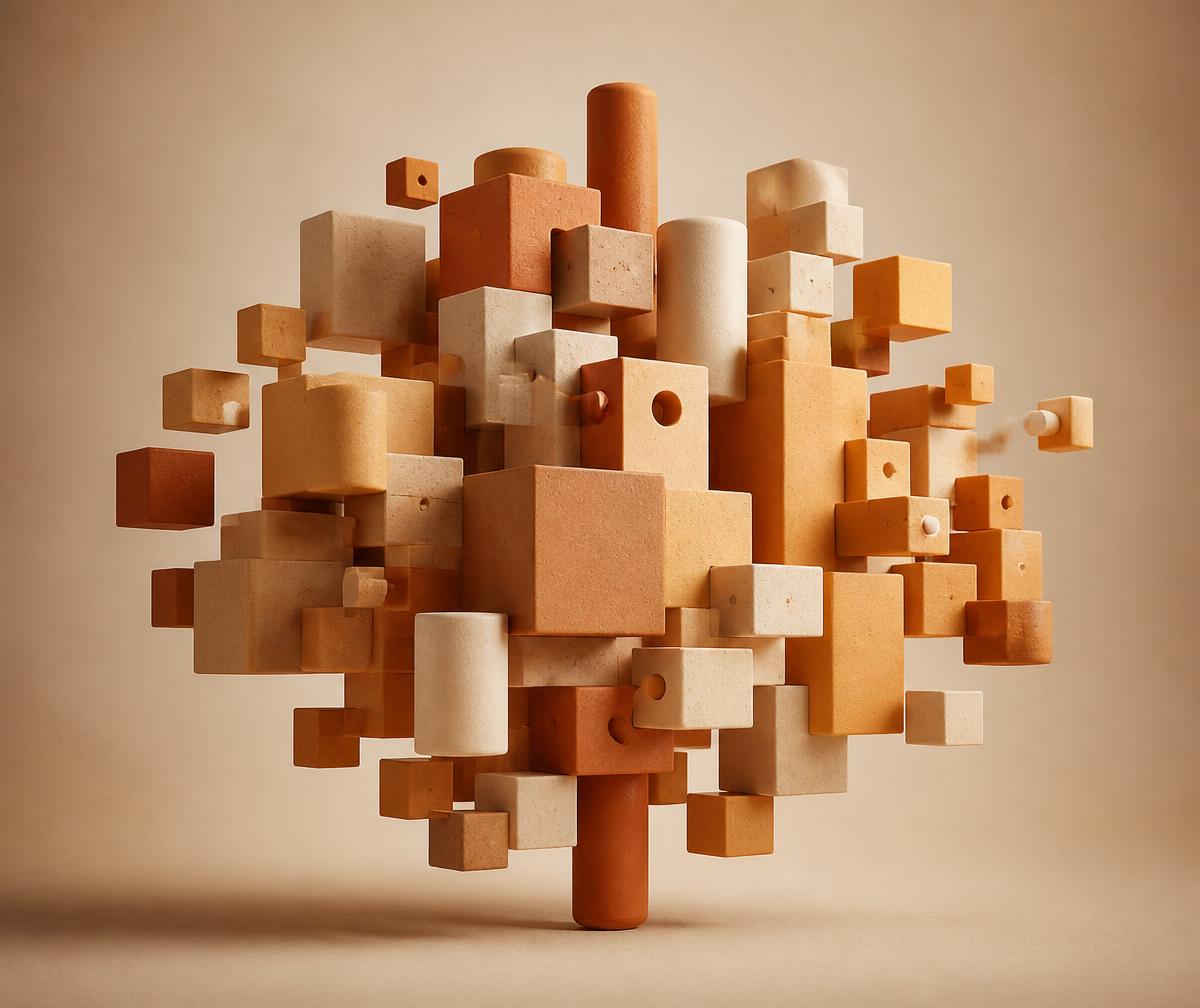 Sculptural composition of matte terracotta and cream geometric blocks assembled into a floating cluster