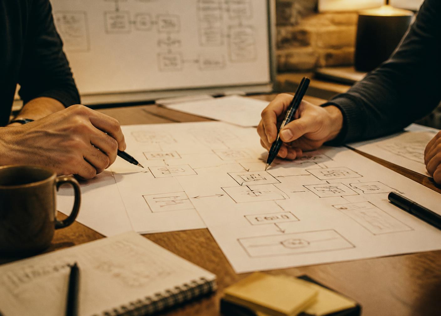 Two engineers sketching a system architecture diagram with boxes and arrows on paper in warm lamp light